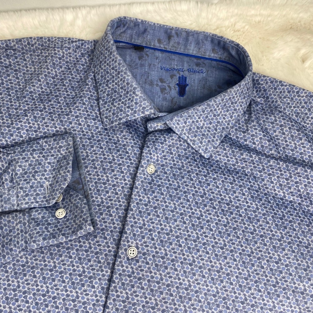 Visconti Black 2XLT Blue Geometric Circle Print Button Down Shirt Long Sleeve
